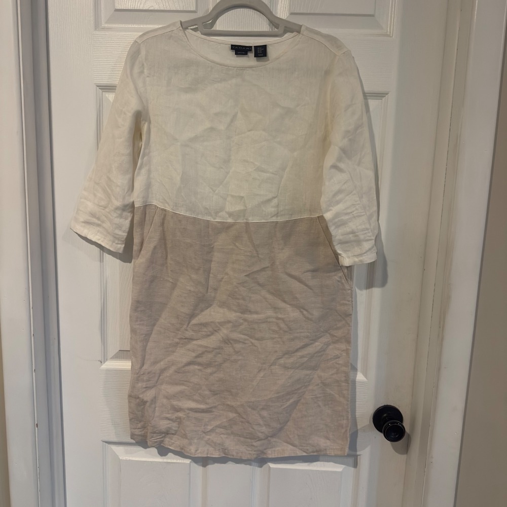 Tahari Womens Linen Colorblock Shift Dress White Beige Back Button XS